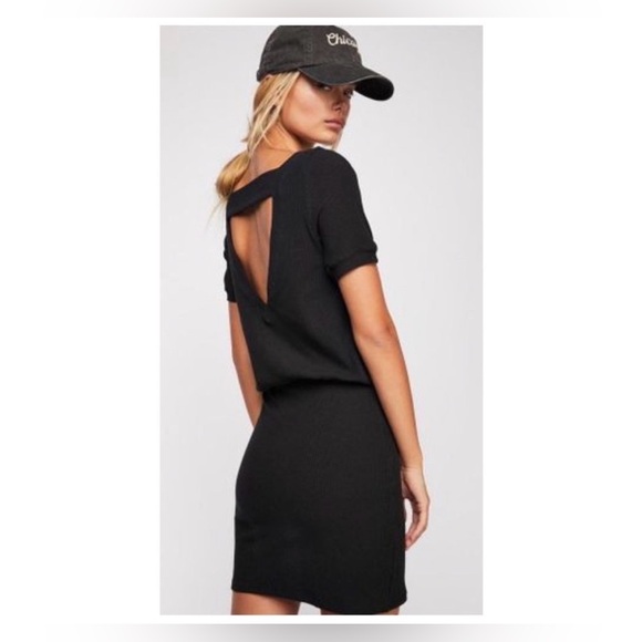 Free People Beach Happy Hour Mini Dress XS Black Ribbed Blouson Stretch Cut Out - Picture 3 of 8